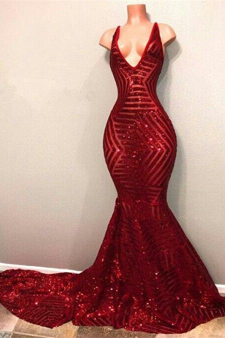 Mermaid Red Sequins Prom Dresses V-neck Sleeveless Long Train Sexy Evening Gown BA7779