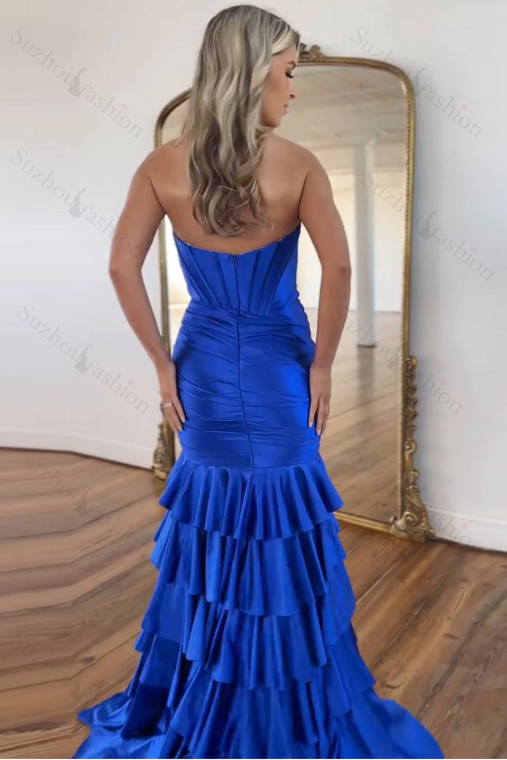 Mermaid Sage Prom Dress Sweetheart Corset Ruffled Long Formal Dress With Slit