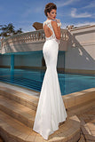Mermaid Satin Bateau Wedding Dresses Open Back Tulle Bowknot Bridal Dresses with Beadings