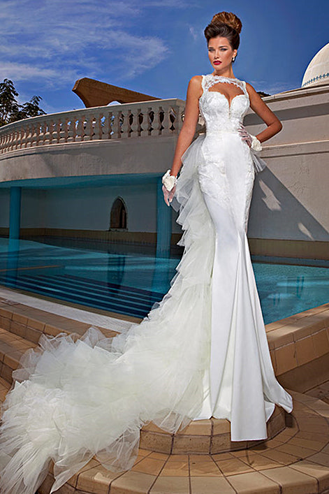 Mermaid Satin Bateau Wedding Dresses Open Back Tulle Bowknot Bridal Dresses with Beadings