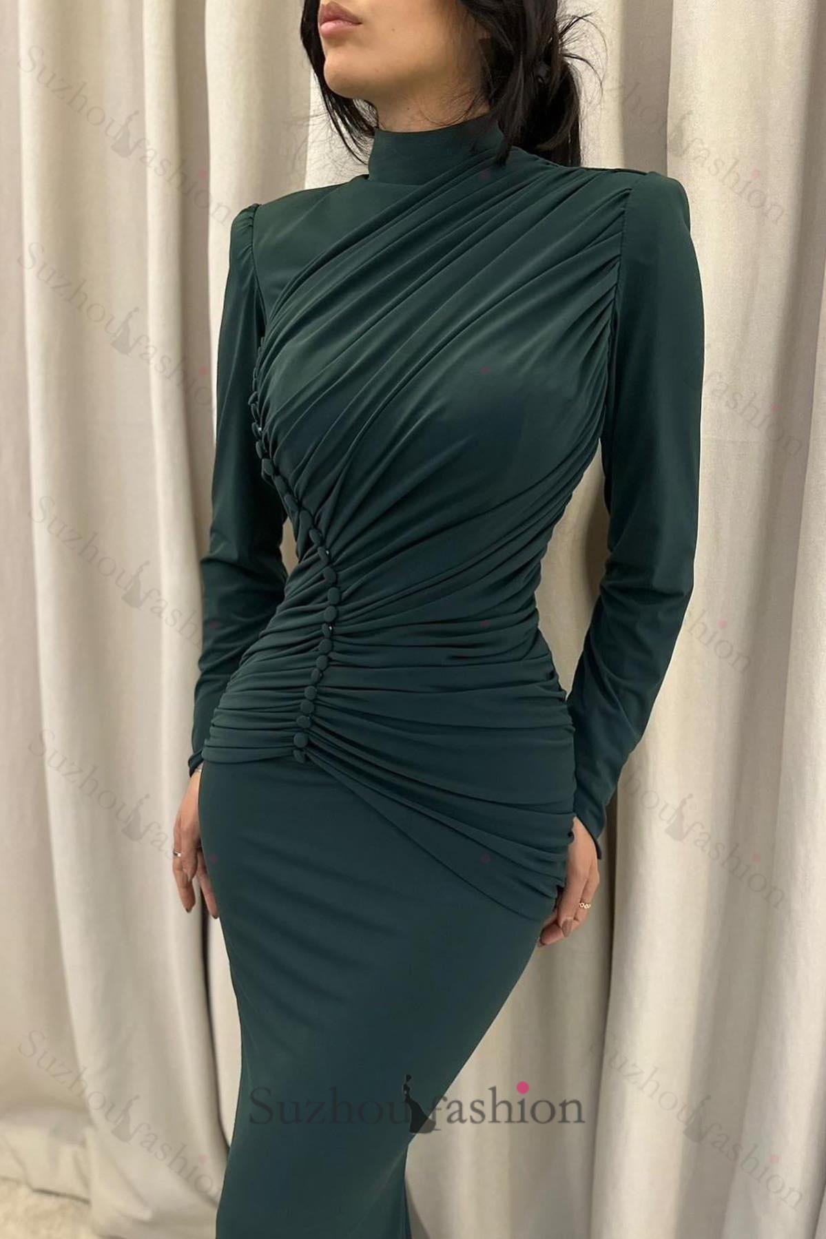 Mermaid Satin High Neck Sleeve Formal Dress