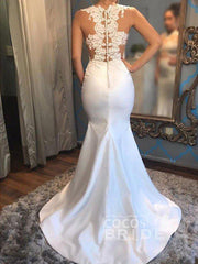 Mermaid Scoop Sleeveless Wedding Dress Satin Applique Court Train Bridal Gowns