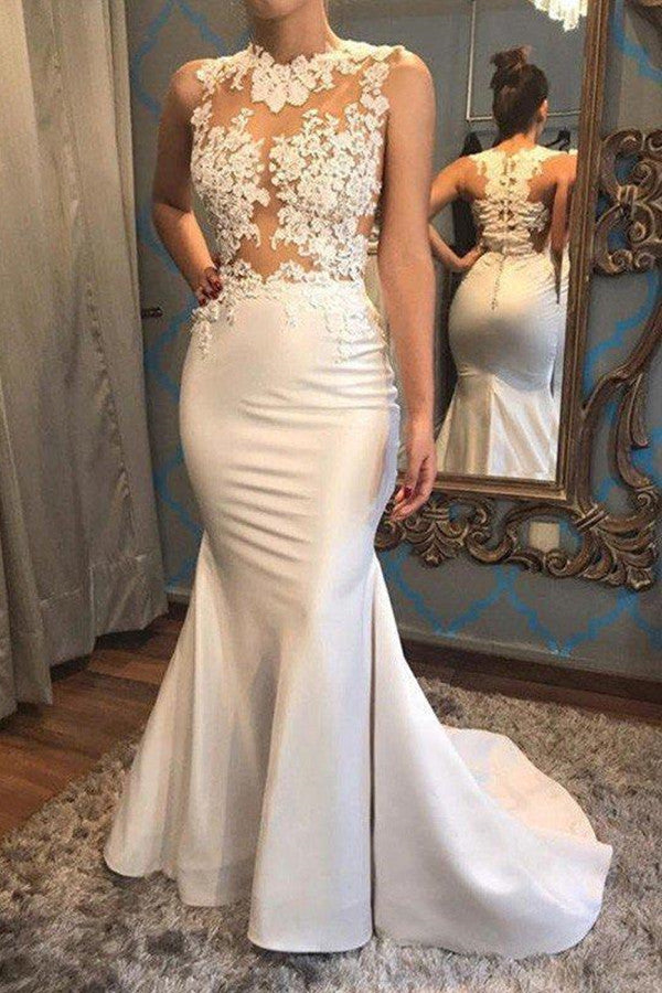 Mermaid Scoop Sleeveless Wedding Dress Satin Applique Court Train Bridal Gowns