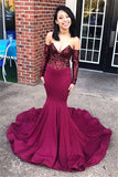 Mermaid Sequins Burgundy Prom Dresses | Off-the-shoulder Long Sleeve Evening Gowns
