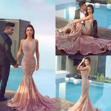 Mermaid Sequins Formal Dress Pink Sparkling Sheer Sleeveless Jewel Gorgeous Evening Dress MH086