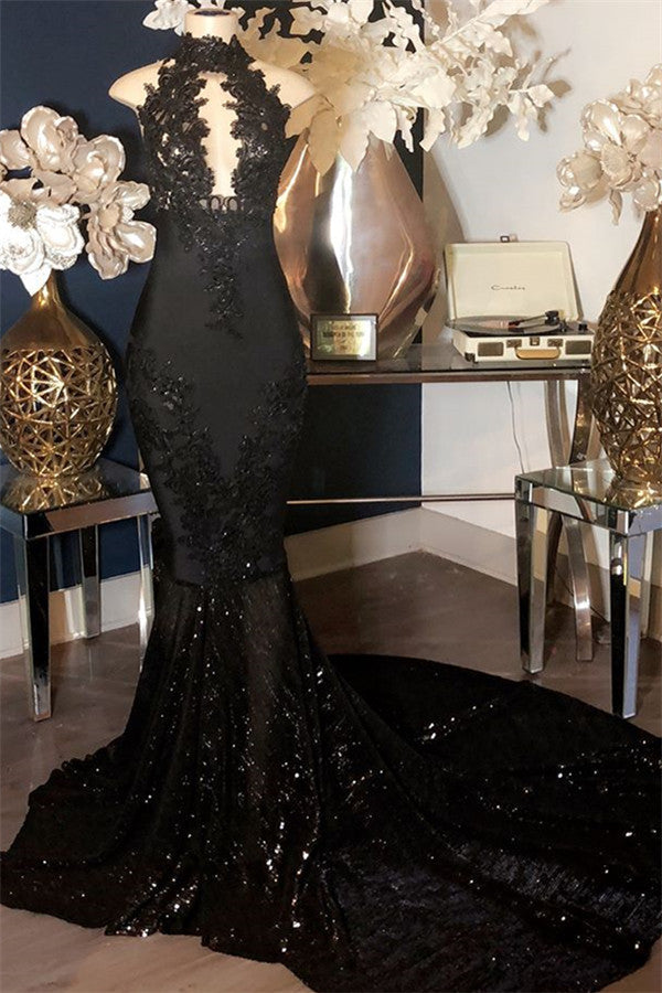 Mermaid Shiny Sequins Lace-Appliques Black Halter Prom Dresses
