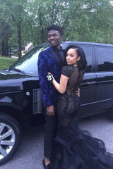 Mermaid Short-Sleeves Beadings Appliques Black Tulle Sexy Prom Dress
