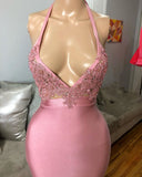 Mermaid Sleeveless Pink Prom dresses | Sexy Beads Appliques Evening Dresses BC4125