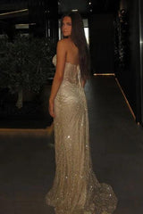 Mermaid Spaghetti Straps Silver Corset Prom Dress With Beading Formal Evening Gown