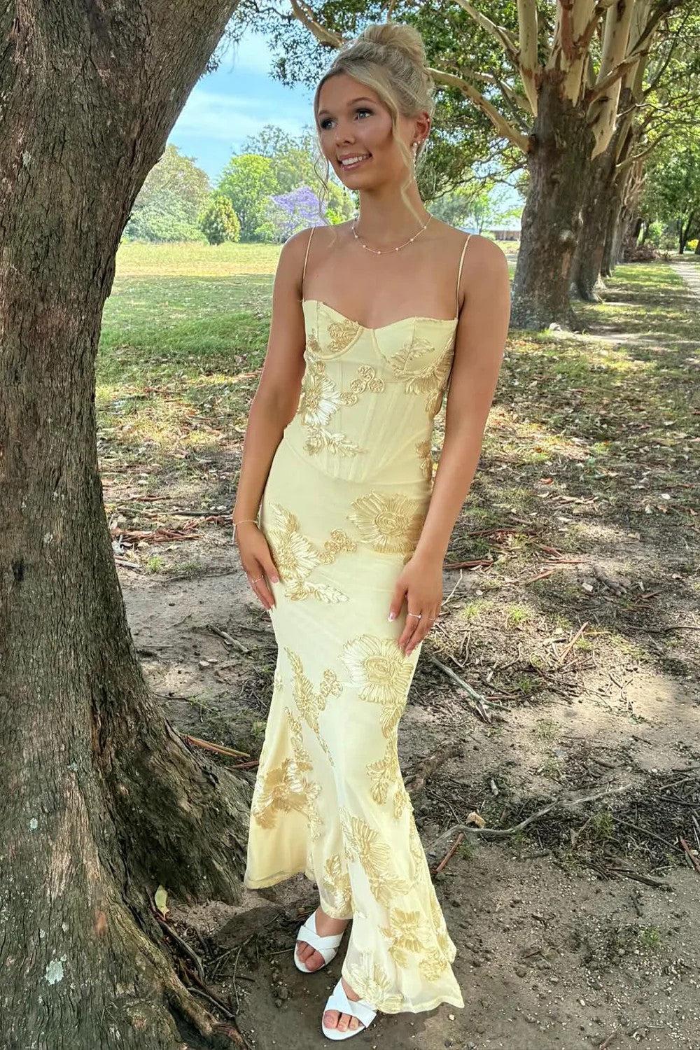 Mermaid Spaghetti Straps Yellow Long Prom Dress With Embroidery Formal Evening Gown