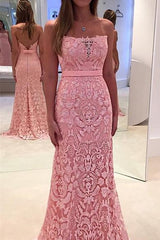 Mermaid Strapless Lace Evening Gowns Sexy Open Back Long Party Gowns BA3861