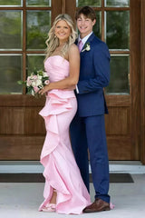 Mermaid Strapless Pink Long Prom Dress With Split Front Ruched Formal Evening Gown
