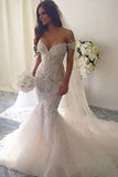 Mermaid Style Chapel Train Off-the-Shoulder Tulle Wedding Dresses