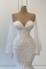 Mermaid Sweetheart Strapless Pearls Beadings Lace Wedding Dress
