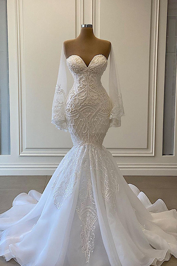 Mermaid Sweetheart Strapless Pearls Beadings Lace Wedding Dress