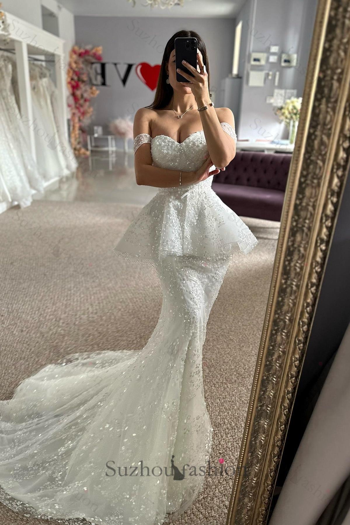 Mermaid Tulle Lace Sweetheart Sleeveless White Beach Wedding Dress Bridal Gown With Appliques