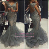 Mermaid V-Neck Tulle Cap Sleeves Crystal Elegant Evening Dress Open Back Prom Dresses