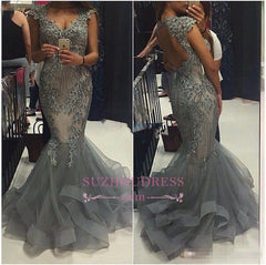 Mermaid V-Neck Tulle Cap Sleeves Crystal Elegant Evening Dress Open Back Prom Dresses