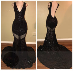 Mermaid V-neck Black Sequined Sexy Backless Sleeveless Prom Dress BA5183