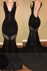 Mermaid V-neck Black Sequined Sexy Backless Sleeveless Prom Dress BA5183