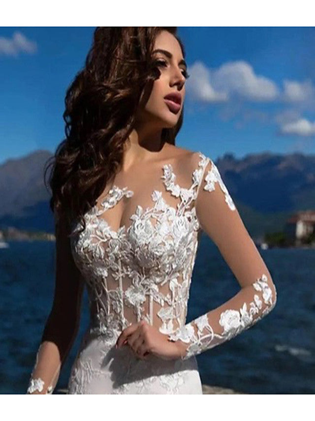 bateau mermaid wedding dresses Mermaid Simple Long Sleeve Wedding Dress 2020
