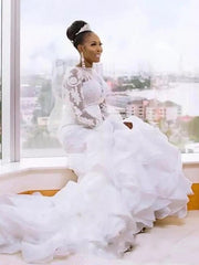 Mermaid Wedding Dress Jewel Lace Organza Tulle Long Sleeves Bridal Gowns Romantic Plus Size with Court Train