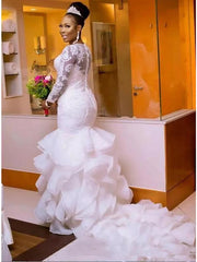 Mermaid Wedding Dress Jewel Lace Organza Tulle Long Sleeves Bridal Gowns Romantic Plus Size with Court Train