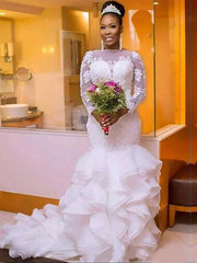 Mermaid Wedding Dress Jewel Lace Organza Tulle Long Sleeves Bridal Gowns Romantic Plus Size with Court Train