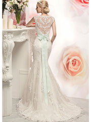 Mermaid Wedding Dress Jewel Lace Tulle Cap Sleeve Bridal Gowns with Court Train