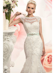 Mermaid Wedding Dress Jewel Lace Tulle Cap Sleeve Bridal Gowns with Court Train