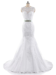 Mermaid Wedding Dress Jewel Lace Tulle Cap Sleeve Bridal Gowns with Court Train