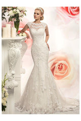 Mermaid Wedding Dress Jewel Lace Tulle Cap Sleeve Bridal Gowns with Court Train