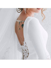 Mermaid Wedding Dress Jewel Tulle Polyester Long Sleeves Bridal Gowns Formal Plus Size with Sweep Train