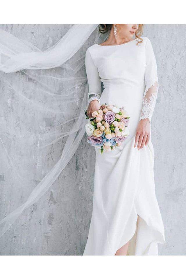 Mermaid Wedding Dress Jewel Tulle Polyester Long Sleeves Bridal Gowns Formal Plus Size with Sweep Train