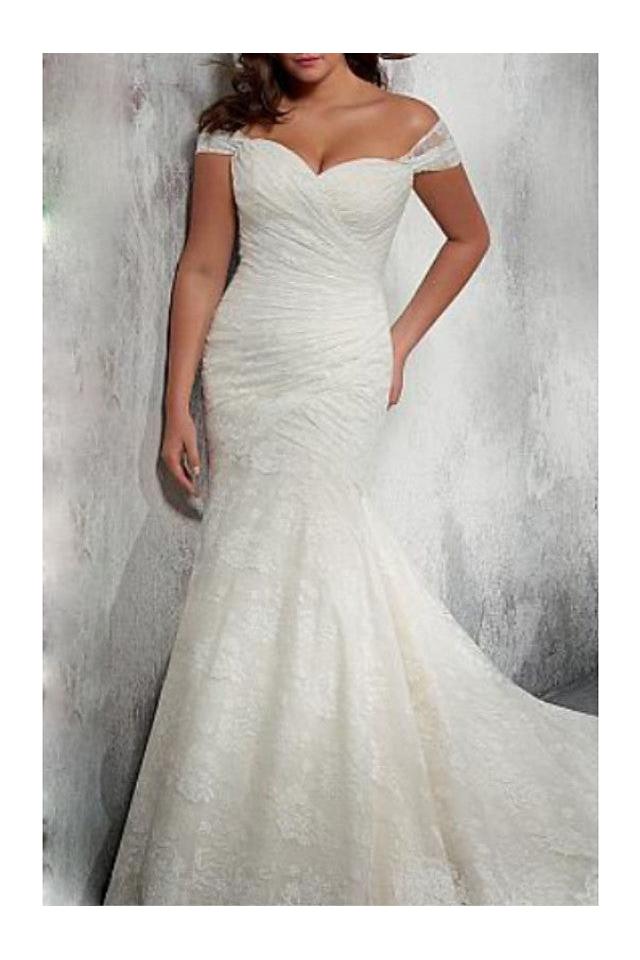 Mermaid Wedding Dress Off Shoulder Chiffon Lace Cap Sleeve Bridal Gowns with Court Train