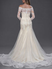 Mermaid Wedding Dress Off Shoulder Lace Tulle 3/4 Length Sleeve Bridal Gowns Simple with Chapel Train
