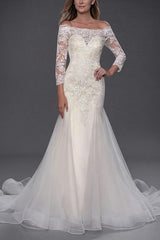 Mermaid Wedding Dress Off Shoulder Lace Tulle 3/4 Length Sleeve Bridal Gowns Simple with Chapel Train