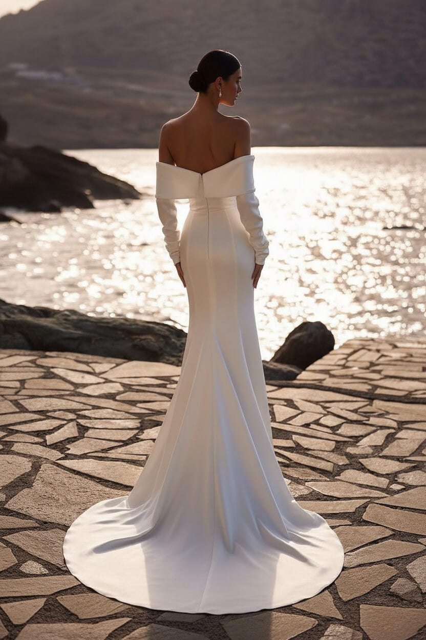 Long Sleeve Wedding Dress Solid Satin Off The Shoulder Bridal Gown With Split