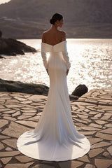 Long Sleeve Wedding Dress Solid Satin Off The Shoulder Bridal Gown With Split