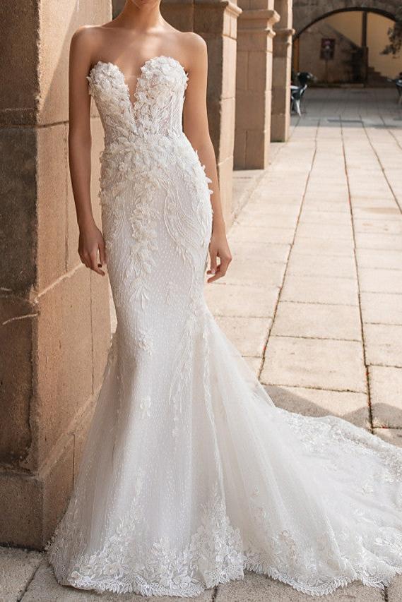 Mermaid Wedding Dress Sweetheart Lace Strapless Bridal Gowns Mordern Sparkle & Shine with Court Train
