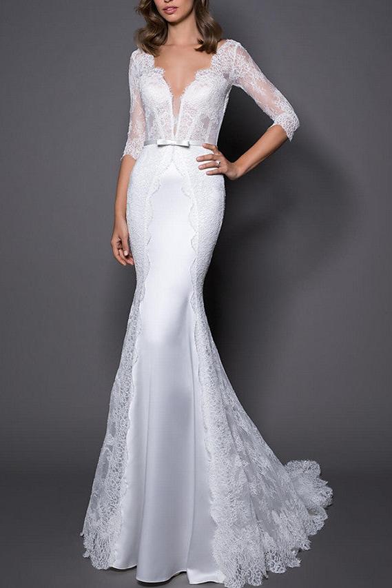 Mermaid Wedding Dress V-Neck Lace Satin 3/4 Length Sleeves Plus Size Bridal Gowns with Sweep Train