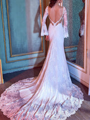 Mermaid Wedding Dress V-Neck Lace Tulle Long Sleeve Bridal Gowns Court Train
