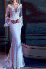 Mermaid Wedding Dress V-Neck Lace Tulle Long Sleeve Bridal Gowns Court Train