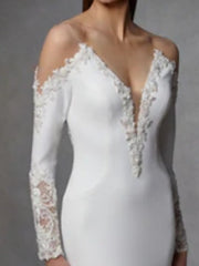 Mermaid Wedding Dress V-Neck Stretch Satin Lace Long Sleeve Bridal Gowns Court Train