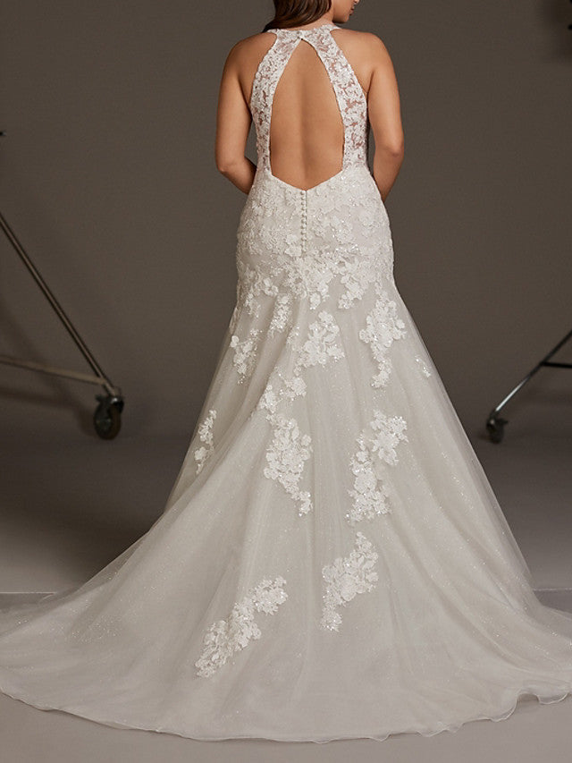 Mermaid Wedding Dress V-neck Lace Tulle Regular Straps Bridal Gowns Plus Size with Sweep Train