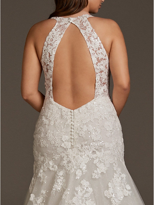 Mermaid Wedding Dress V-neck Lace Tulle Regular Straps Bridal Gowns Plus Size with Sweep Train