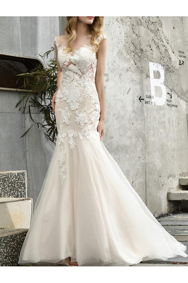 Mermaid Wedding Dress V-neck Lace Tulle Sleeveless Bridal Gowns Formal Illusion Detail with Sweep Train