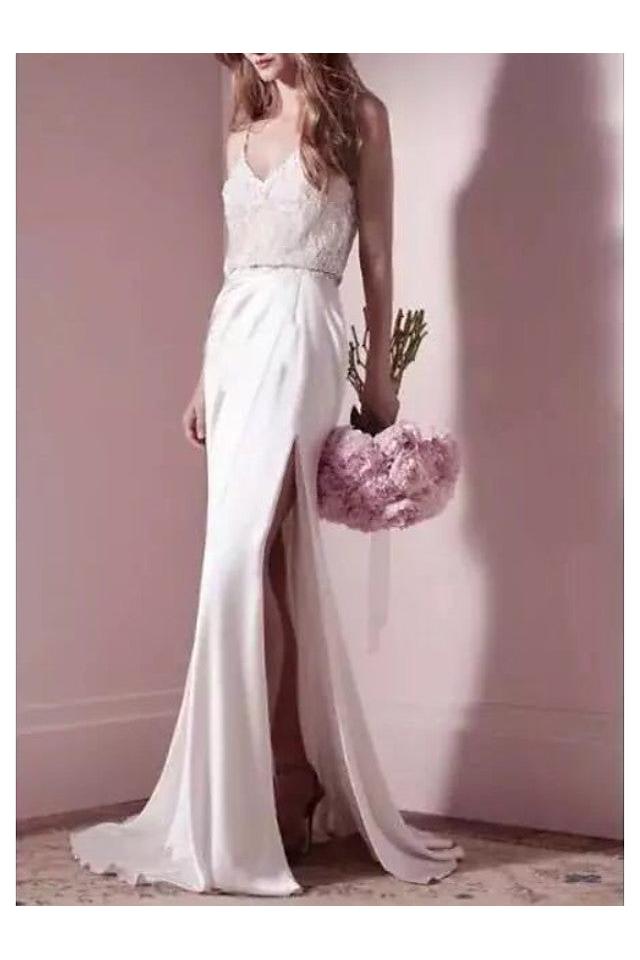 Mermaid Wedding Dress V-neck Satin Spaghetti Strap Bridal Gowns Formal Simple Plus Size with Sweep Train
