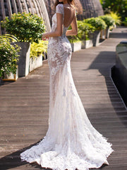 Mermaid Wedding Dresses Jewel Lace Tulle Short Sleeve Bridal Gowns Country Plus Size Sweep Train