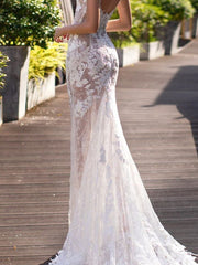 Mermaid Wedding Dresses Jewel Lace Tulle Short Sleeve Bridal Gowns Country Plus Size Sweep Train